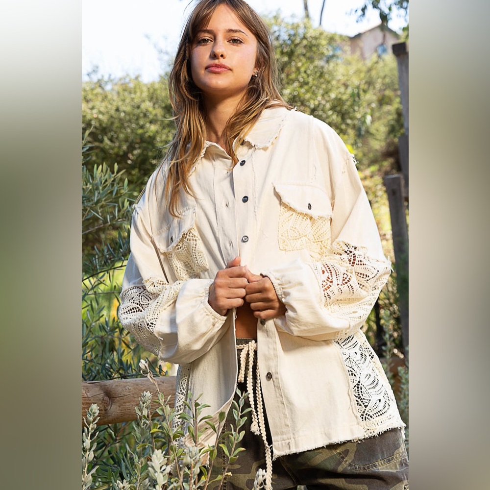 POL Cream Lace Detail Button-Up Top